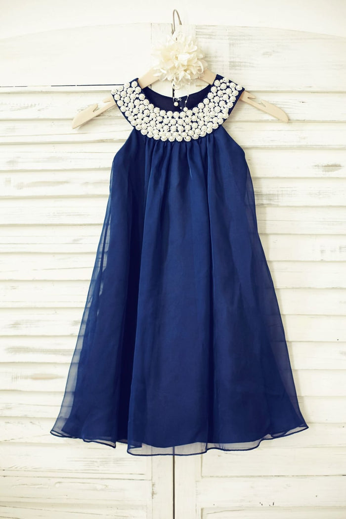 Boho Beach Navy Blue Chiffon Flower Girl Dress with Pearl