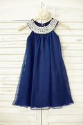 Boho Beach Navy Blue Chiffon Flower Girl Dress with Pearl