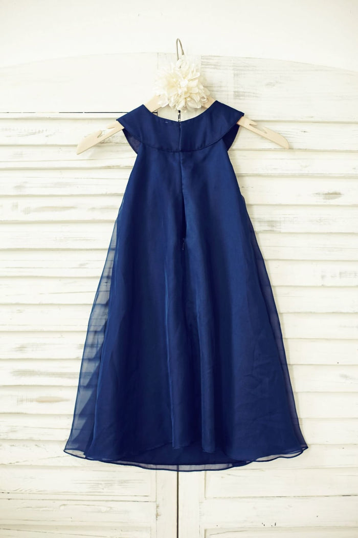 Boho Beach Navy Blue Chiffon Flower Girl Dress with Pearl