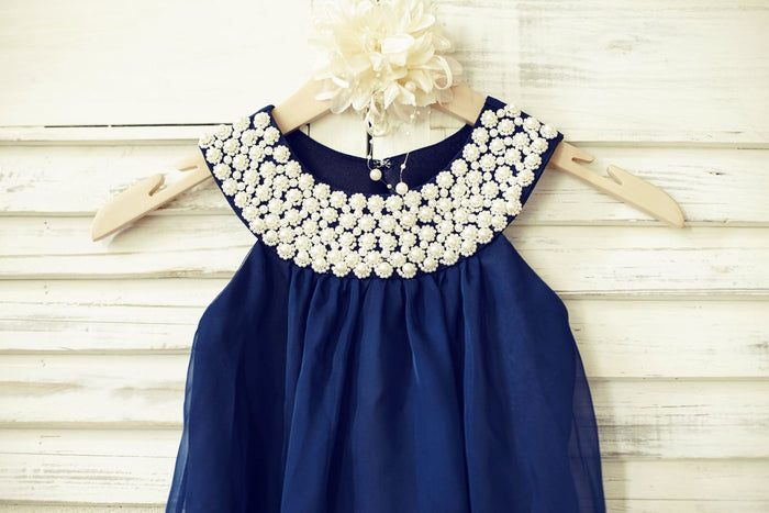 Boho Beach Navy Blue Chiffon Flower Girl Dress with Pearl
