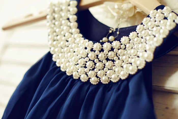 Boho Beach Navy Blue Chiffon Flower Girl Dress with Pearl