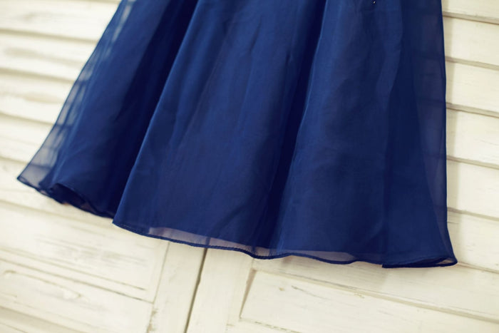 Boho Beach Navy Blue Chiffon Flower Girl Dress with Pearl
