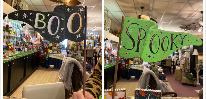 Boo & Spooky Metal Flags with Stakes Set of 2