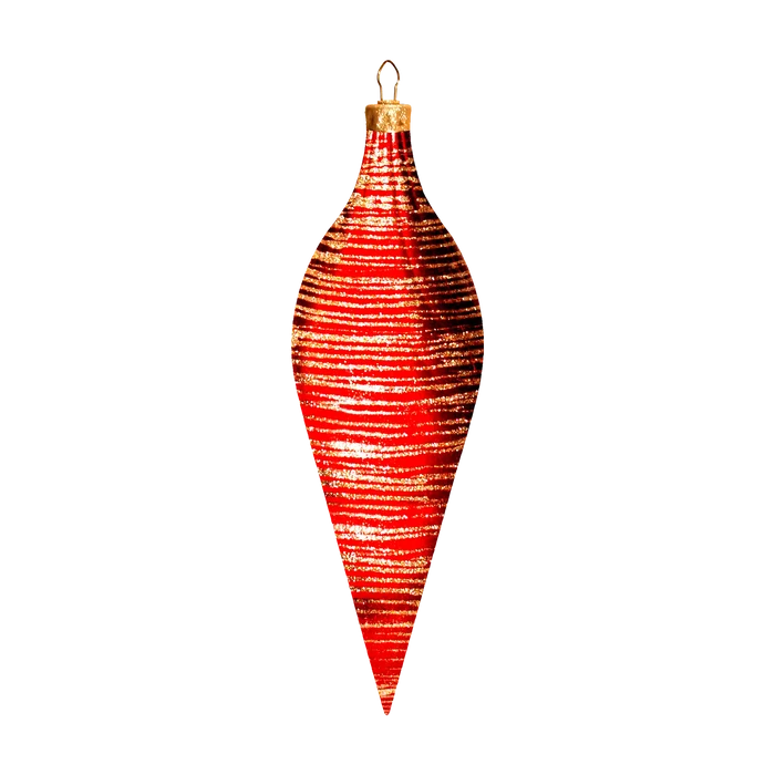 Red Brushed Candy Apple Finial Ornament featuring an elongated pointed shape, horizontal glitter stripes, and a metallic gold finish.