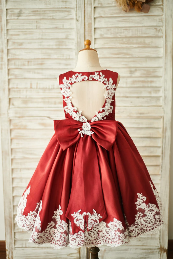 Burgundy Satin Ivory Lace Keyhole Back Wedding Flower Girl