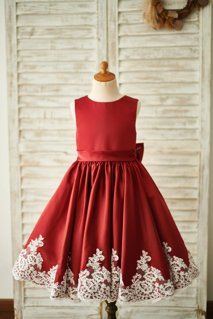Burgundy Satin Ivory Lace Keyhole Back Wedding Flower Girl