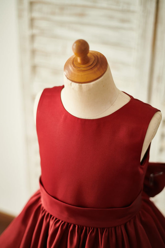 Burgundy Satin Ivory Lace Keyhole Back Wedding Flower Girl