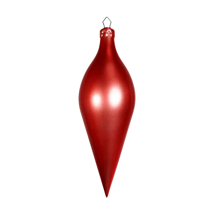 Red Candy Apple Finial Ornament featuring a smooth metallic finish, elongated teardrop shape, and hanging loop.