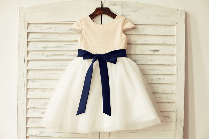 Cap Sleeves Blush Pink Sequin Ivory Tulle Flower Girl Dress