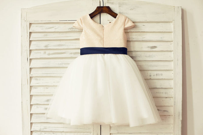 Cap Sleeves Blush Pink Sequin Ivory Tulle Flower Girl Dress