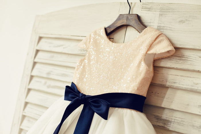 Cap Sleeves Blush Pink Sequin Ivory Tulle Flower Girl Dress