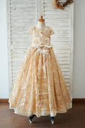 Cap Sleeves V Back Gold Sequin Tulle Wedding Flower Girl