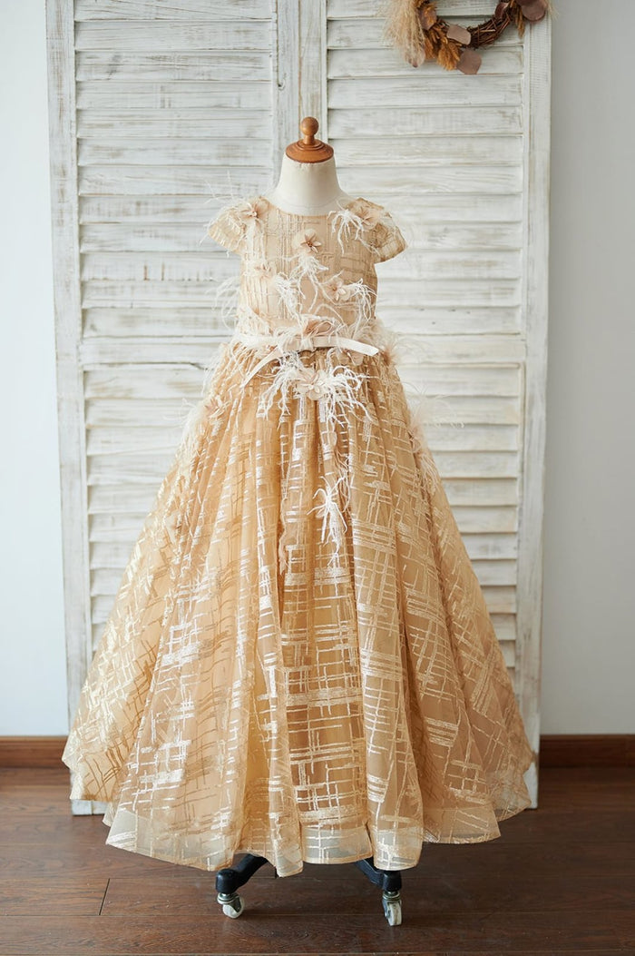 Cap Sleeves V Back Gold Sequin Tulle Wedding Flower Girl