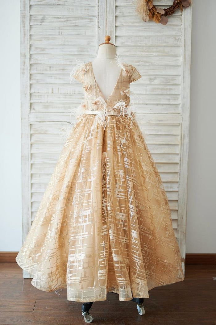Cap Sleeves V Back Gold Sequin Tulle Wedding Flower Girl