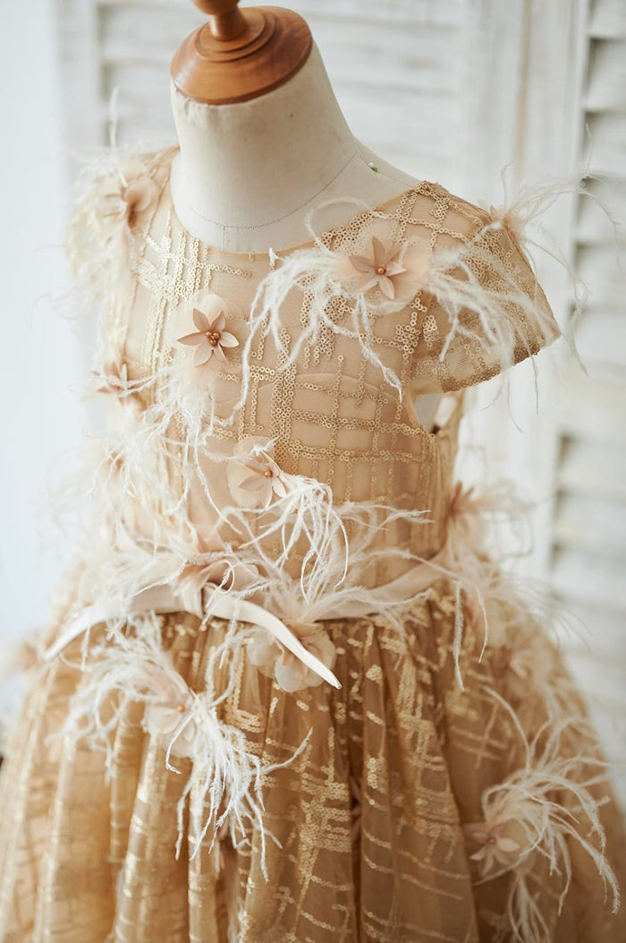 Cap Sleeves V Back Gold Sequin Tulle Wedding Flower Girl