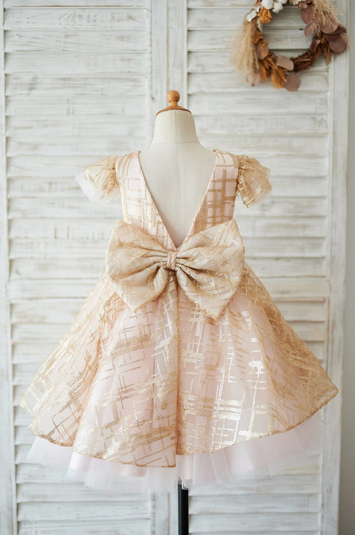 Princess Cap Sleeves V Back Pink Tulle Champagne Sequin