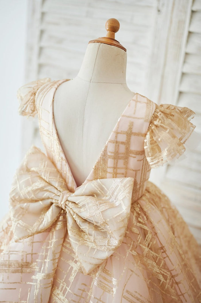 Princess Cap Sleeves V Back Pink Tulle Champagne Sequin