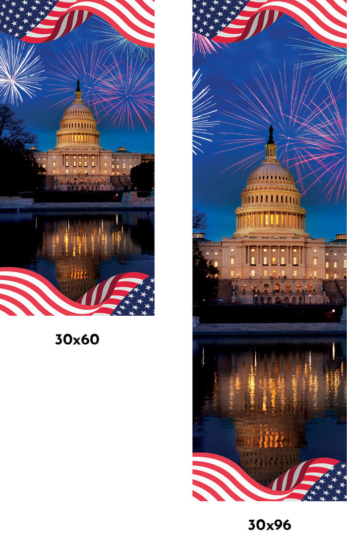 Two views of the U.S. Capitol building with American flags and fireworks, labeled 30x60 and 30x96.