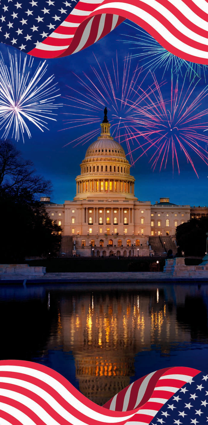 United States Capitol building with American flags and fireworks
