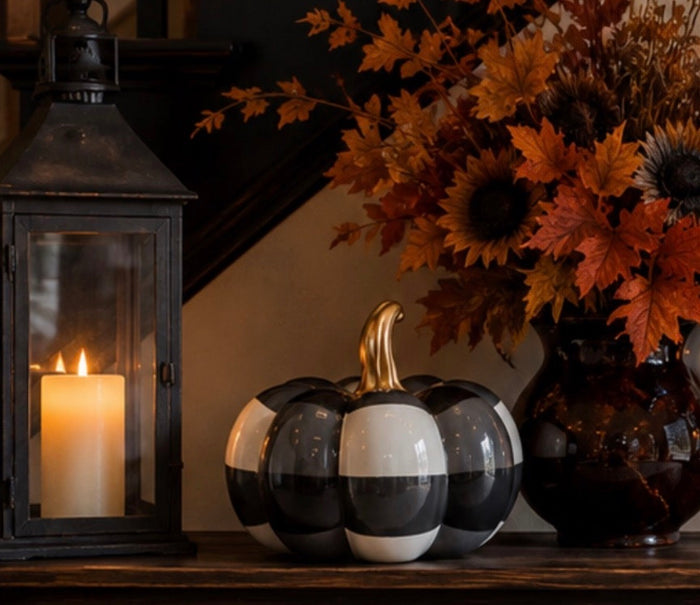 Ceramic Black & White Check Pumpkin with Gold Stem