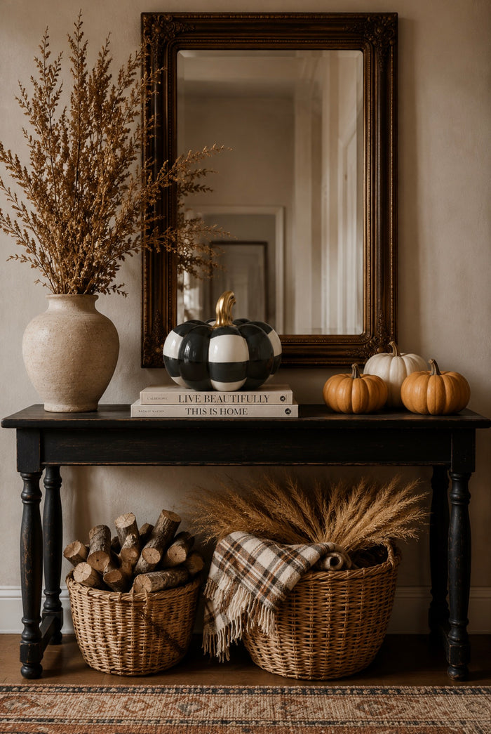 Ceramic Black & White Check Pumpkin with Gold Stem