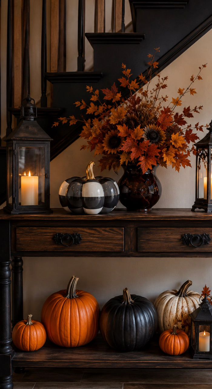 Ceramic Black & White Check Pumpkin with Gold Stem