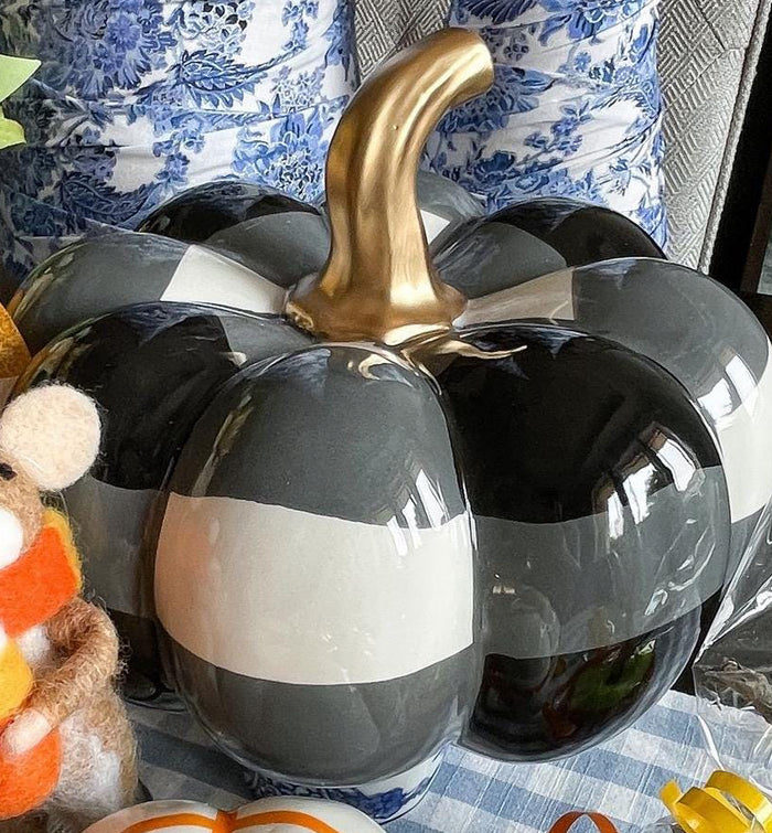 Ceramic Black & White Check Pumpkin with Gold Stem