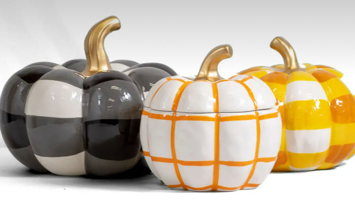 Ceramic Black & White Check Pumpkin with Gold Stem