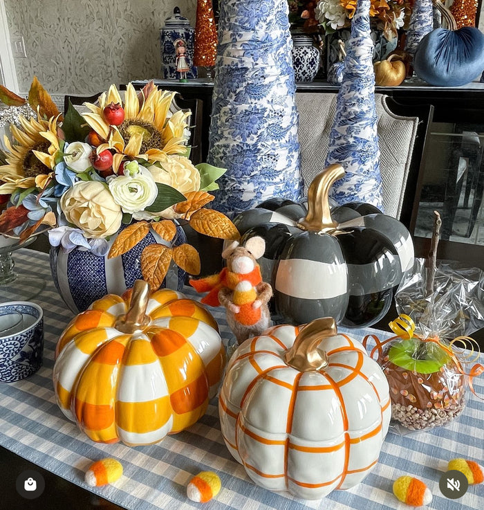 Ceramic Black & White Check Pumpkin with Gold Stem