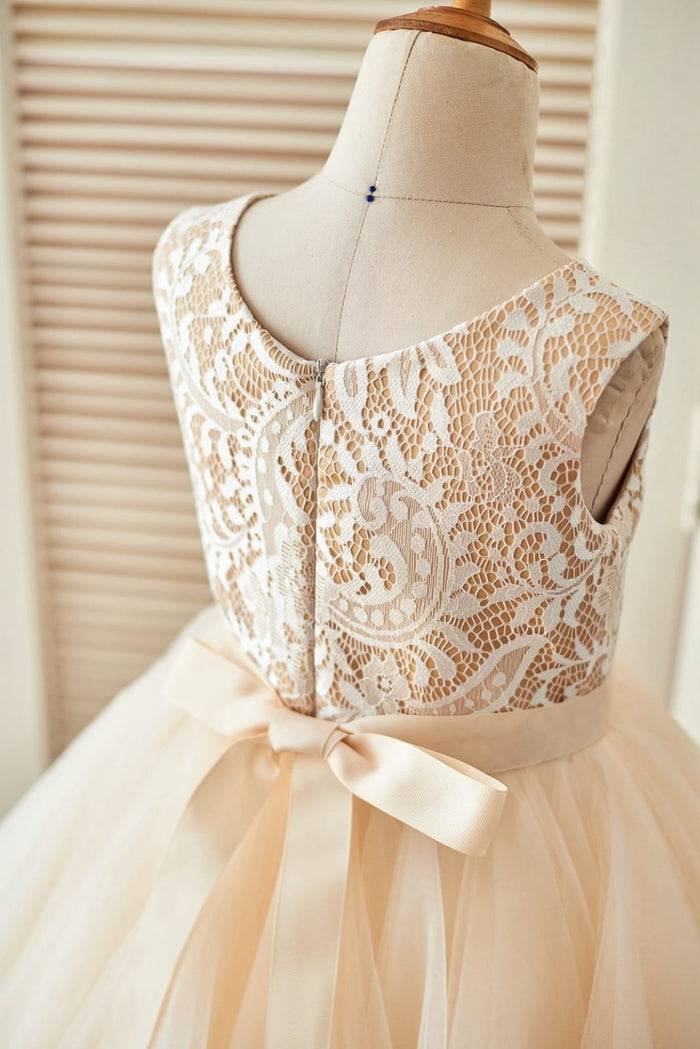 Champagne Lace Tulle Wedding Flower Girl Dress with Uneven