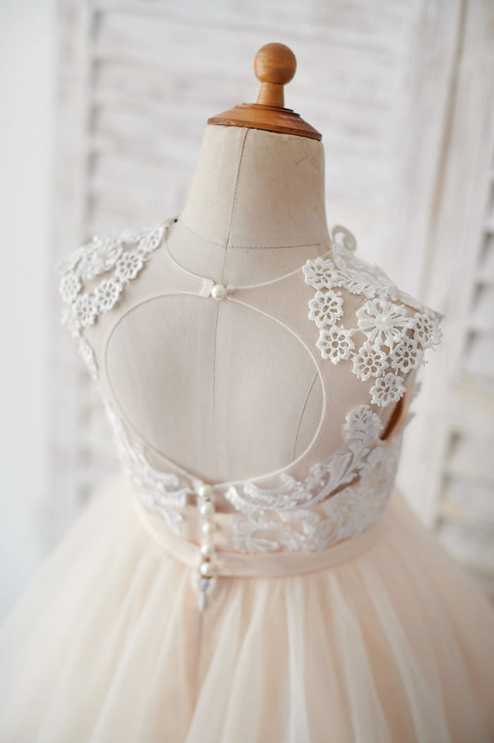 Champagne Tulle Ivory Lace Keyhole Back Wedding Flower Girl