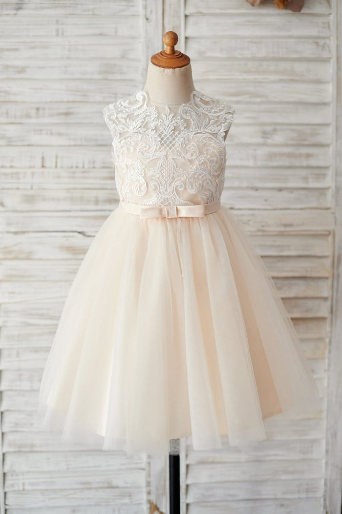 Champagne Tulle Ivory Lace Keyhole Back Wedding Flower Girl
