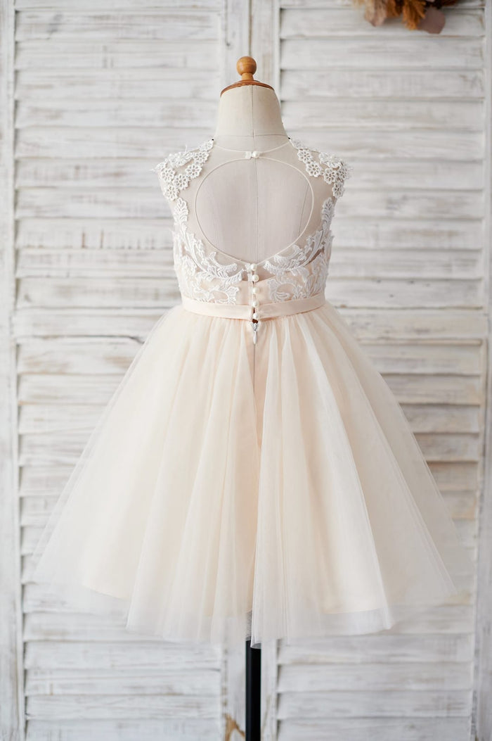 Champagne Tulle Ivory Lace Keyhole Back Wedding Flower Girl