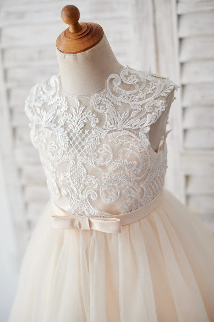Champagne Tulle Ivory Lace Keyhole Back Wedding Flower Girl