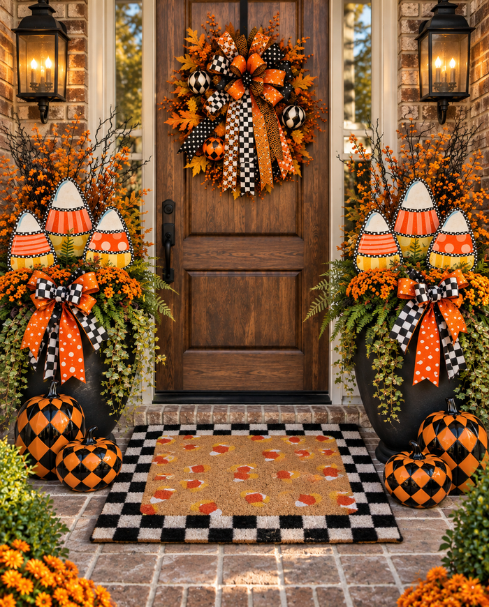 Checkered Black and White Bordered Candy Corn Coir Door Rug