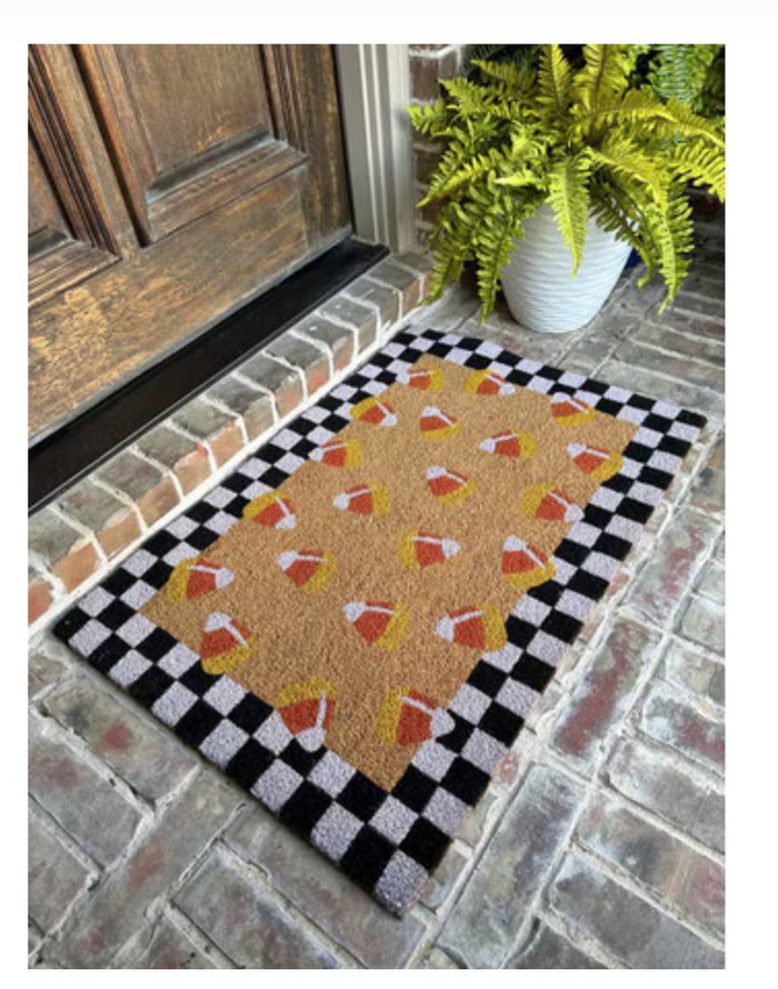 Checkered Black and White Bordered Candy Corn Coir Door Rug