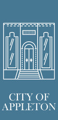 Image of a blue and white banner with the text "City of Appleton" in white lettering. The banner also features a white illustrated building.