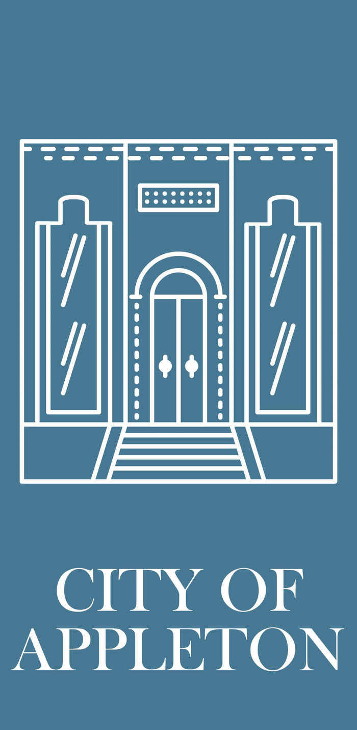 Image of a blue and white banner with the text "City of Appleton" in white lettering. The banner also features a white illustrated building.
