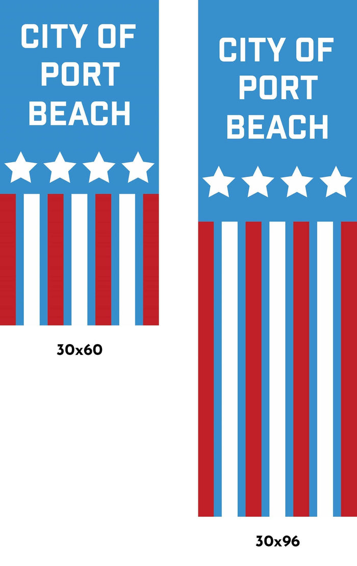 Red, white, and blue patriotic banner for the City of Port Beach. The design also includes 4 white stars sitting across horizontally with 7 alternating red and white vertical stripes below it.