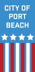 Red, white, and blue patriotic banner for the City of Port Beach. The design also includes 4 white stars sitting across horizontally with 7 alternating red and white vertical stripes below it.