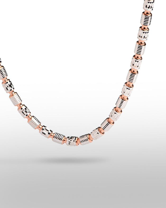 Dettaglio collana in argento bicolore Barrel Pioneer placcata rodio e oro rosa