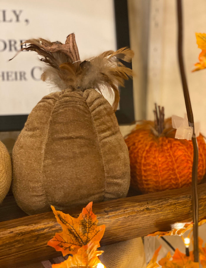 Dark Tan Velvet Bean Plush Gourd with Feathers