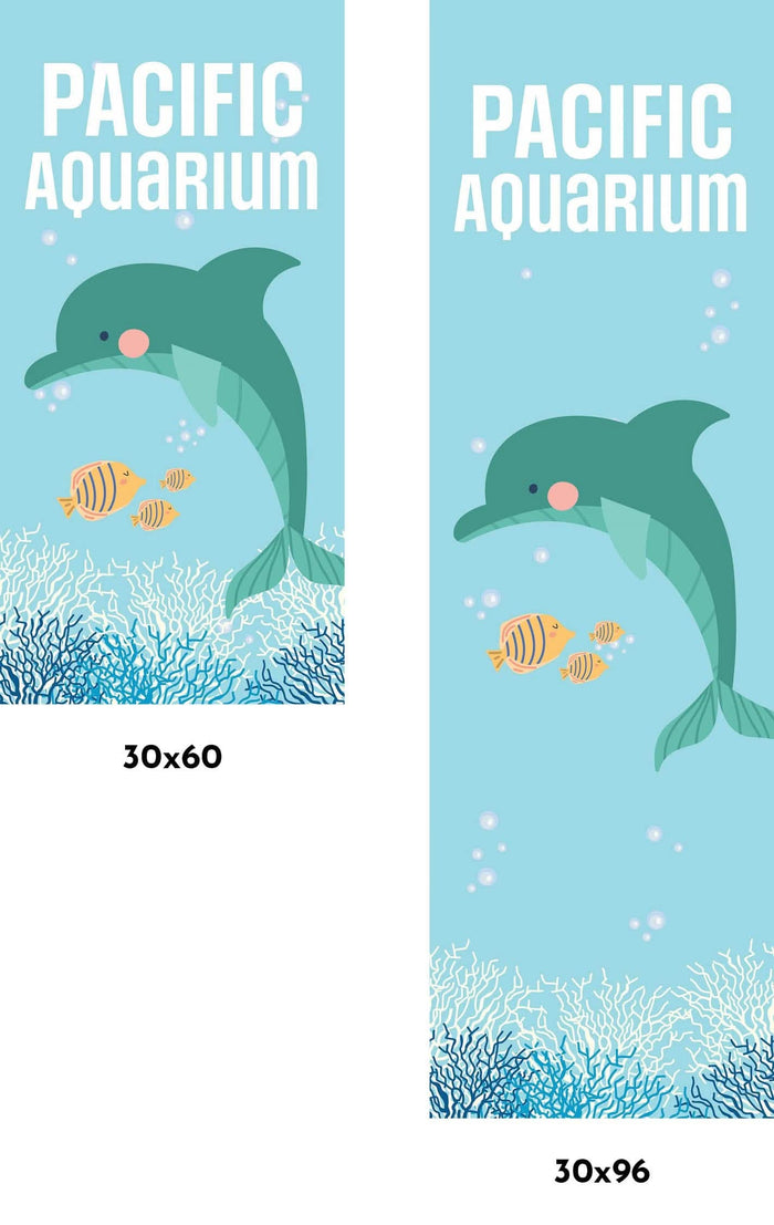 A vertical banner that is set in the ocean with illustration qualities. Included in the image is a light blue background with bubbles around a dolphin and yellow striped fish. Also seen at the bottom of the image is blue and white coral.