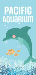 A 30x60 vertical banner that is set in the ocean with illustration qualities. Included in the image is a light blue background with bubbles around a dolphin and yellow striped fish. Also seen at the bottom of the image is blue and white coral.