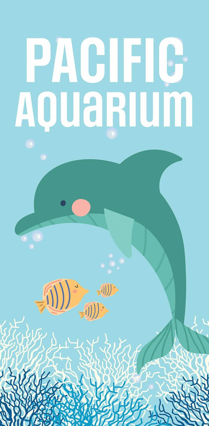 A 30x60 vertical banner that is set in the ocean with illustration qualities. Included in the image is a light blue background with bubbles around a dolphin and yellow striped fish. Also seen at the bottom of the image is blue and white coral.