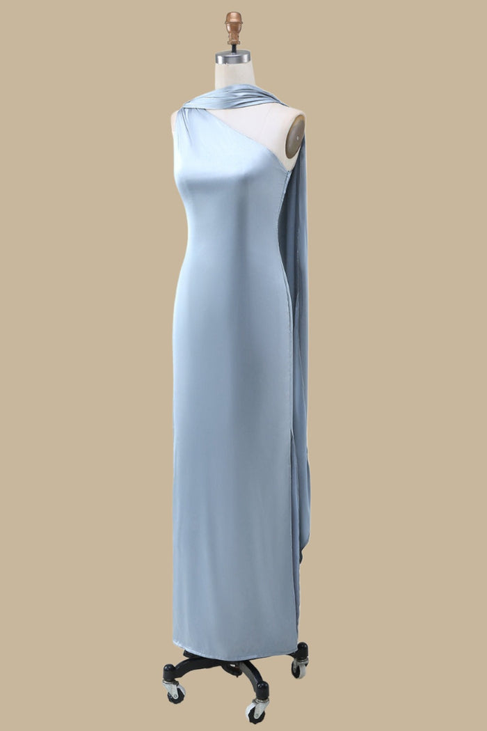 Blue One-Shoulder Maxi Dress with Sash