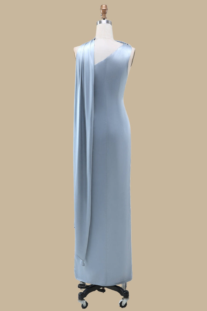 Blue One-Shoulder Maxi Dress with Sash