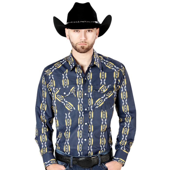 Model wearing El General men’s Blue and Yellow Geometric print long sleeve Western shirt