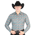 Model wearing El General men’s Green bull skull print long sleeve Western shirt