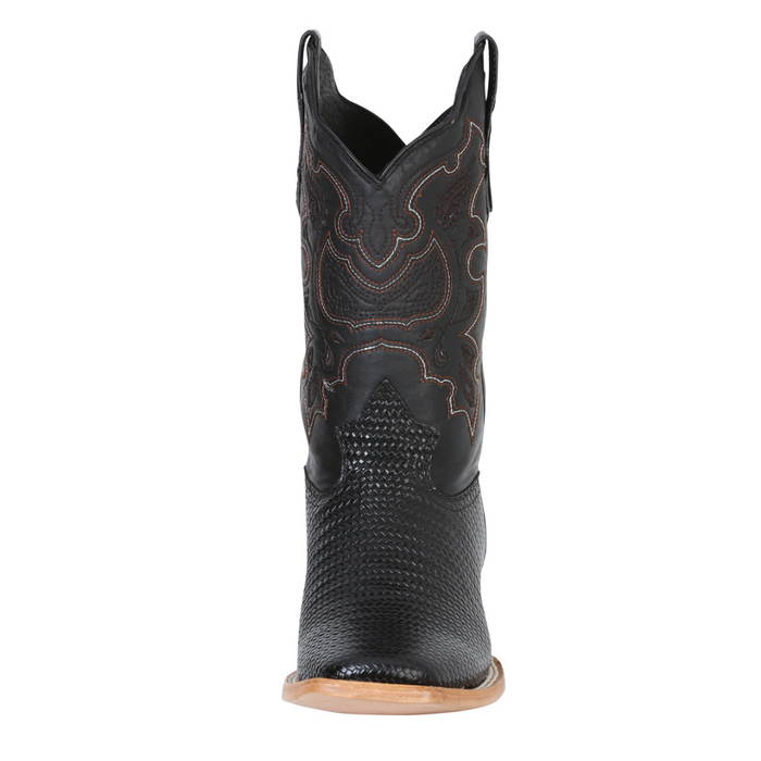 Black cowboy boot with brown stitching